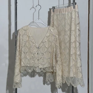 AELESEEN Runway Fashion 2 Pieces Set Women Spring Summer V-Neck Cardigan Blouse+ Midi Skirt Luxury Sequined Beading Party Set