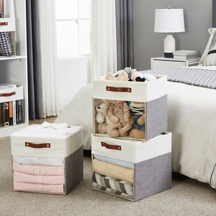 Linen Foldable Storage Baskets Fabric Clothing Storage Organizers Box Bins clear Storage Box
