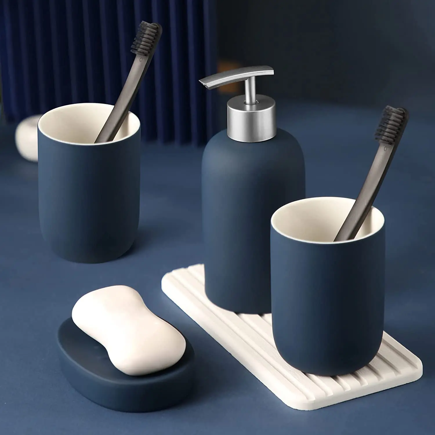 Blue Ceramic Bathroom Accessories Set 4 Pieces Porcelain Accessory Set