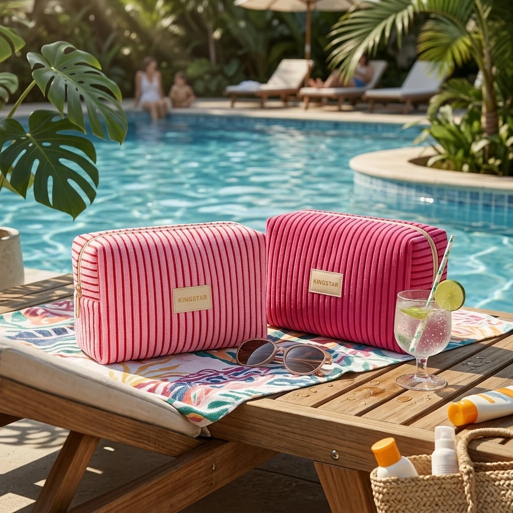 Wholesale Custom logo Elegant Terry Cloth Pink Stripe Cosmetic Bag Zippered Brush Storage Pouch for Women Cosmetics Daily Use
