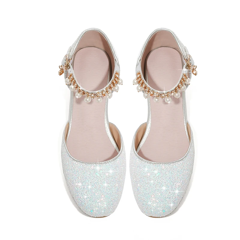 
 Летние туфли на высоком каблуке для девочек, новинка 2021, детские кожаные туфли принцессы с кристаллами для маленьких детей  