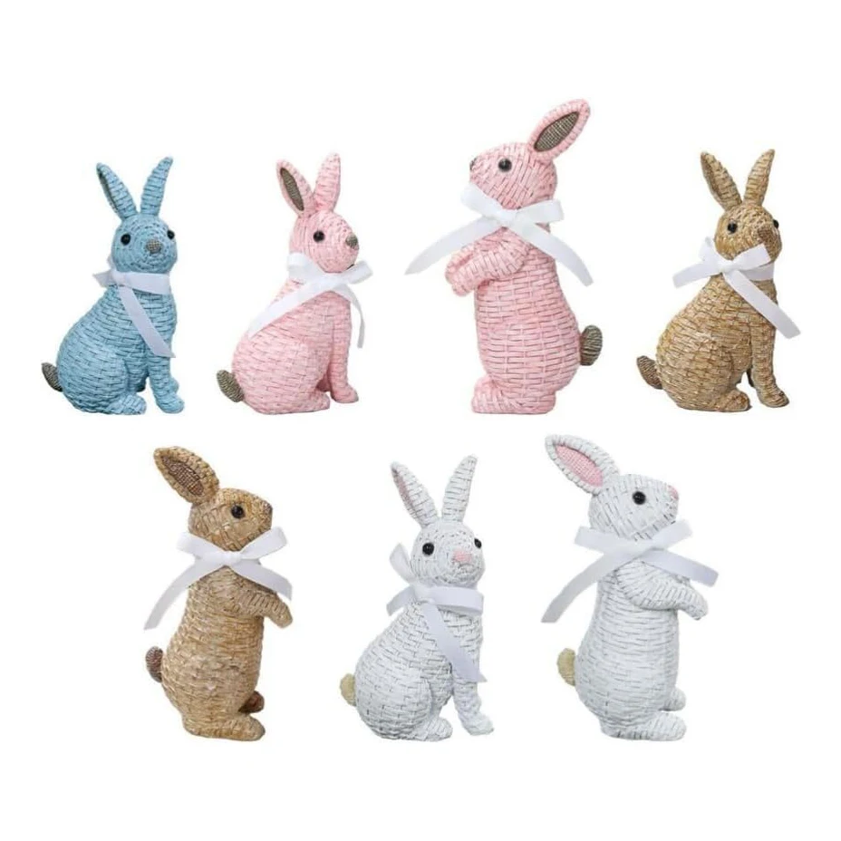 2024 New Easter Resin Rattan Wicker Bunnies Statue Rabbit Ornaments