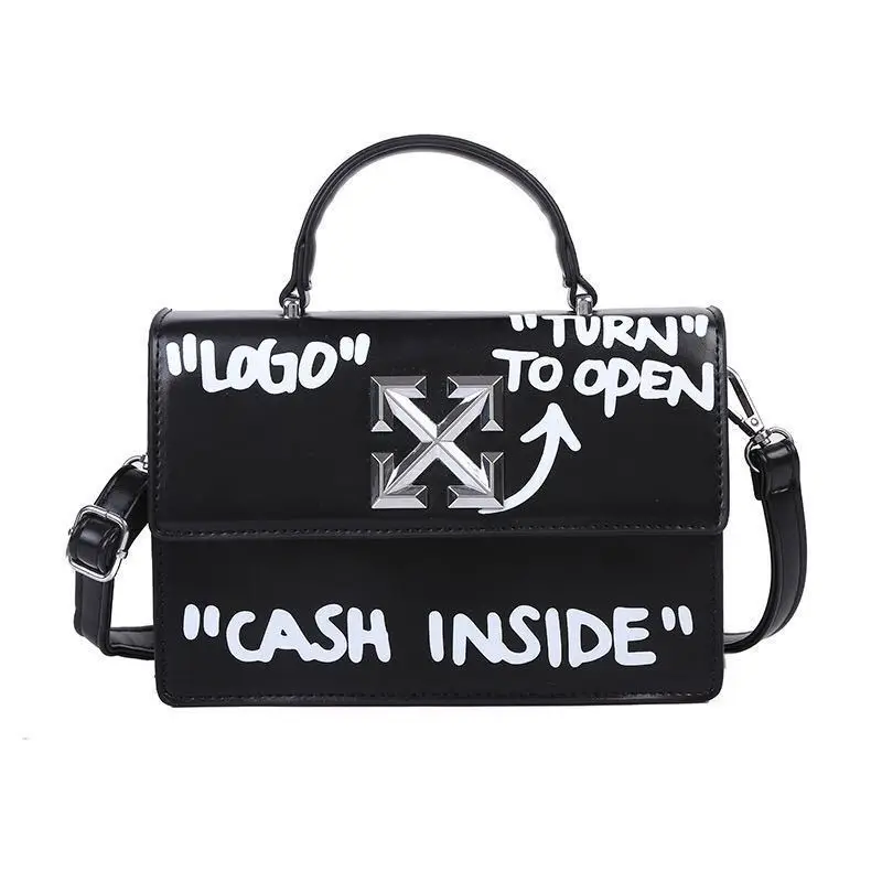 Off-White Black Leather Jitney Cash Inside Graffiti Top Handle