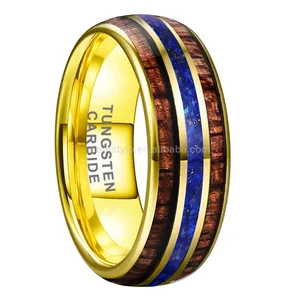 Coolstyle Jewelry 8mm Gold Tungsten Carbide Ring for Men Women Fashion Engagement Wedding Band Lapis Koa Wood Inlay Comfort Fit