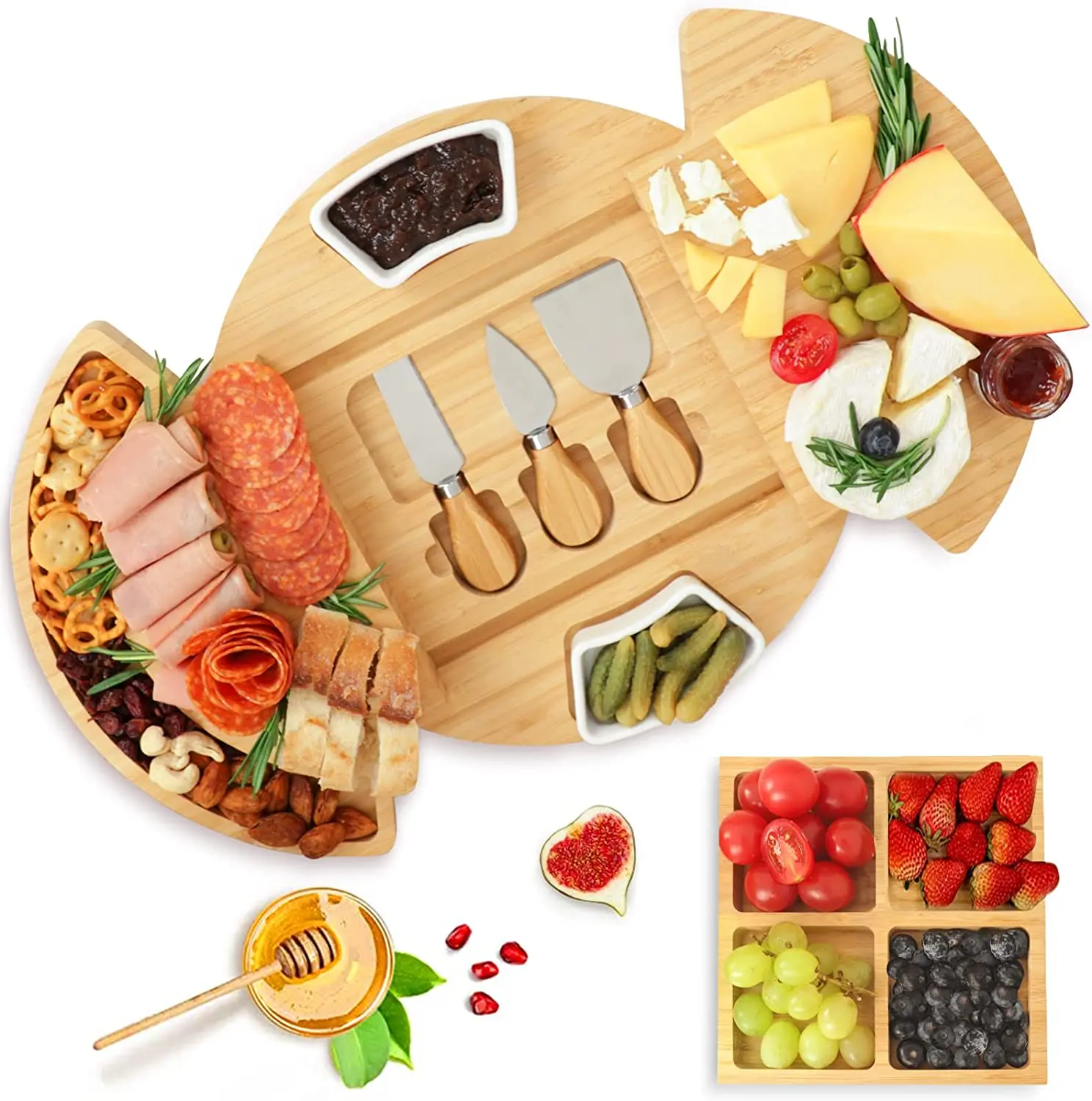 Bamboo Large Round Charcuterie Cheese Board Set, House Cheese Serving Platter, Cheese Tray and Knife Set