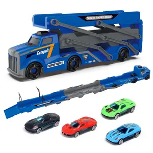 ITTL Plastic Truck Foldable Track Catapult Race Car Vehicles Slot Toy Friction Truck Transport With 2 Cars Carrier Toys for Kids