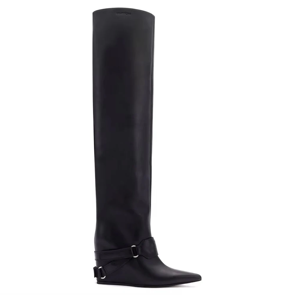 Plus Size Pointed Toe Pull Slip on Hidden Heel Black Over the Knee High Height Increasing Elevator Boots Women Shoes Size 46