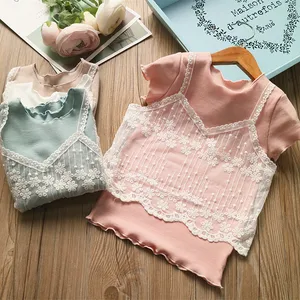 Girl's Two pieces Three colors Fashionable Lace Summer T Shirt From China Factory