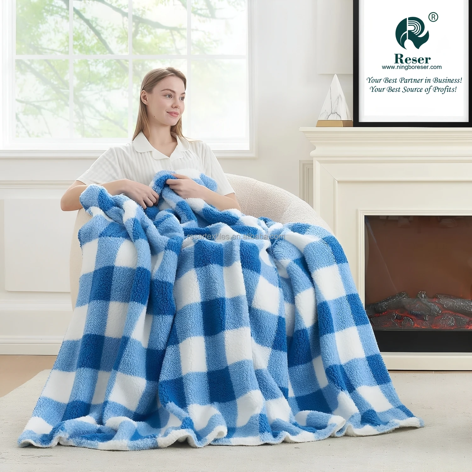 Ultra Soft 100% Polyester Knitted Reversible Double Sherpa Sided Winter Anti-Pilling Blanket Grey Buffalo Plaid Fluffy Thick