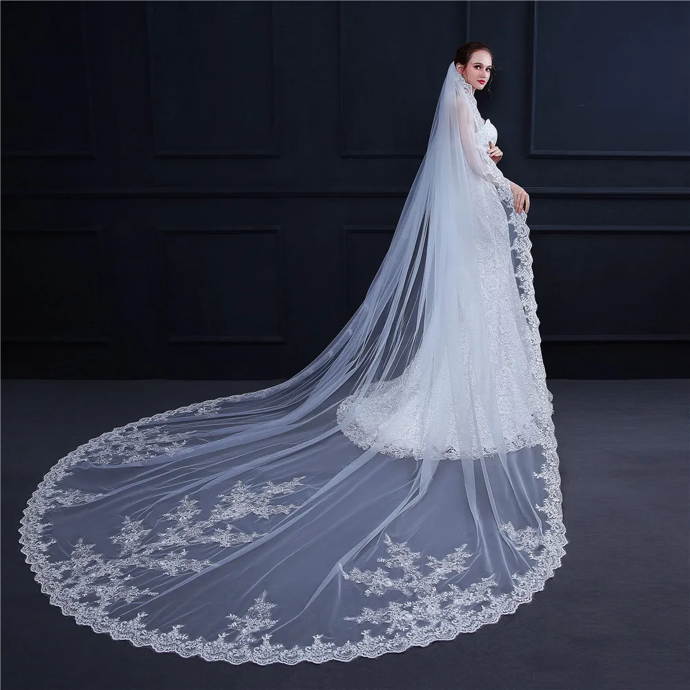 White Ivory sold bridal wedding veils, extra long tulle lace flower luxurious bridal veil applique with comb, cathedral 300 350 400