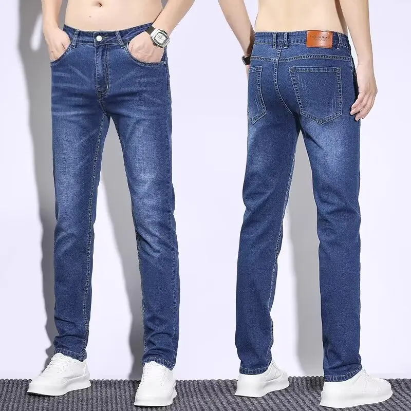 2024 new ice silk jeans men's summer slim slim stretch straight leg summer casual pants