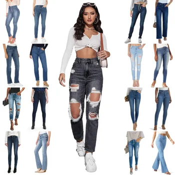 2024 Wholesale Women's Hole Breaking Skinny Jeans Casual High Waist Doing Old Stretch Denim Trousers