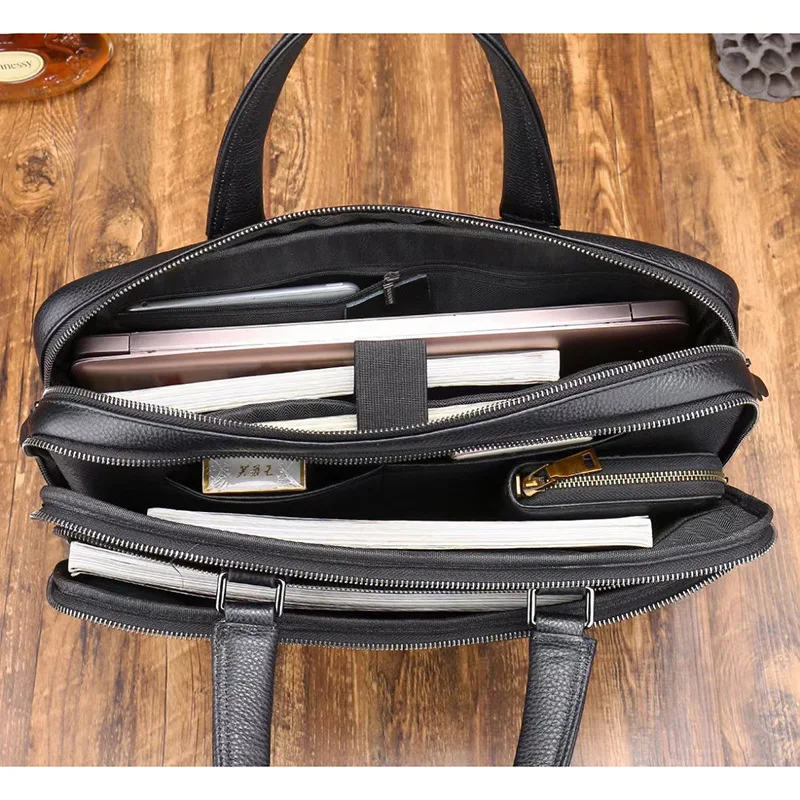 Cow Skin Cowhide Pebble Genuine Leather Computer Laptop Briefcases for Business Office Man Bag for Business Trip
