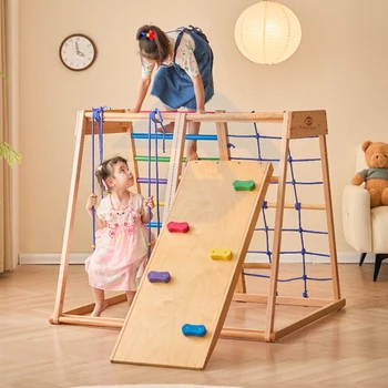 Wooden Rainbow Climbing Frame Indoor Playground Indoors for Kids Activity Climber Ladder Swing Slide Play Structure Set