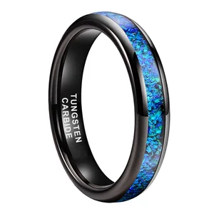 Coolstyle Jewelry 4mm Black Tungsten Carbide Ring for Women Men Genuine Blue Opal Inlay Fashion Jewelry Engagement Wedding Band