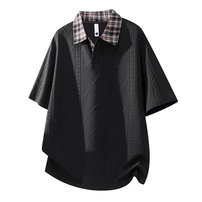 Jacquard plaid color-blocked collar short-sleeved casual t-shirt, 100% polyester men's