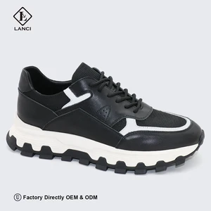 LANCI Men's Genuine Leather Sneakers Comfortable Breathable Running Shoes Rubber Insole Lace-Up Lighted Custom Running Shoes