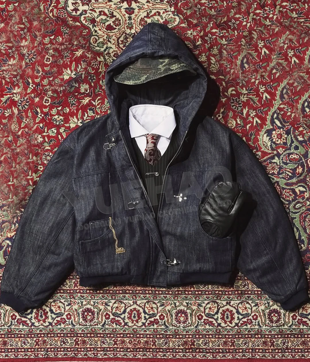 OEM Custom Cropped Zip up Raw Japanese Selvedge Vintage Fireman Clasp  Hooded Bomber Workwear Work Jeans Denim Jacket for Men