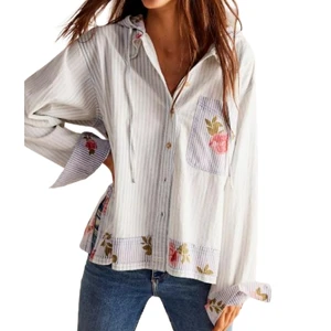 Women's Fashion Casual Striped Floral Hoodie Shirt Loose Fit Side Slits Hood Patch Pocket Waterproof Breathable 100% Cotton