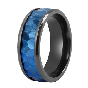 Luxury Popular 8mm Black Zirconium Ring with Hammered Blue Tungsten Center Stepped Edges Mens Wedding Bands