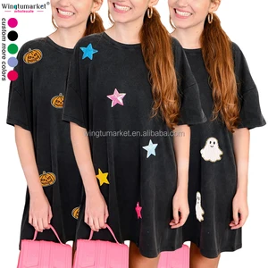 Wholesale Shirt Dress Lady Elegant Custom Patch Pumpkin Ghost Chenille Embroidery Star Sequin Short Casual Dresses Women