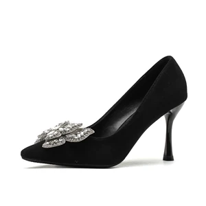 Stylish Black Suede Heeled Sandals with Pointed Toe 8.5CM Stiletto Heel Comfortable Lining Floral Rhinestone Design
