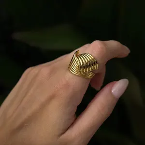Ilona 18K Gold Plated Stainless Steel Croissant Ring Trendy Statement Ring Twisted Rope Engraved Stripes Chunky Signet Weddings