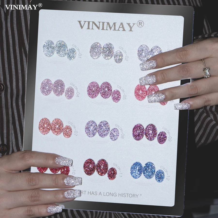 Vinimay 12 färger Diamantreflekterande Gummibasgel Hög blank OEM/ODM Flash Diamantglittergel Polish Set för salon
