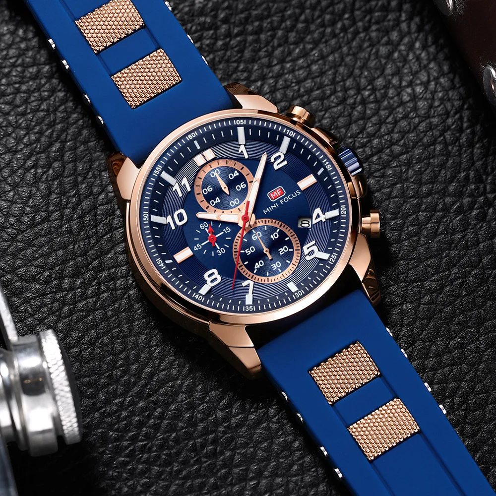 MINI FOCUS Watch 0268 Multifunctional Chronograph Mens Watches Luxury Silicone Strap Man Clock Waterproof Men Wristwatch Reloj