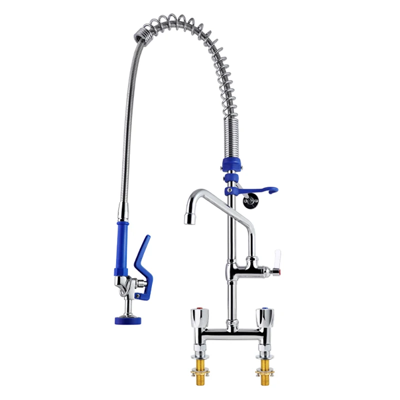 Dual Handle Short-Height Kitchen Deck Mounted Faucet Easy-Install Brass SUS304 Tube Spring Action Adjustable Pre-Rinse Unit 2 details