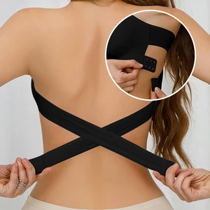 Womens Strapless Seamless Bras Backless Cross Bandage Wrap Bra One-Piece Side Button Lingerie for Wedding Party Dress