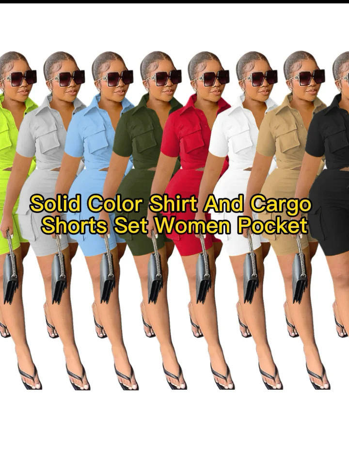 Casual 2 Piece Short Set Women Solid Color Shirt And Cargo Shorts Set