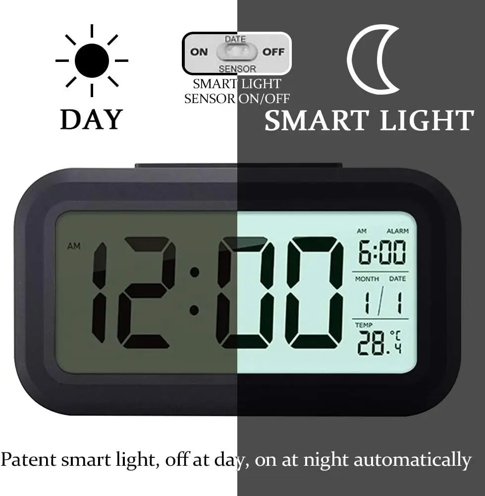 Heavy Sleepers Digital Smart Backlight Battery Operated Alarm Table Clock with Automatic Sensor, Date & Temperature