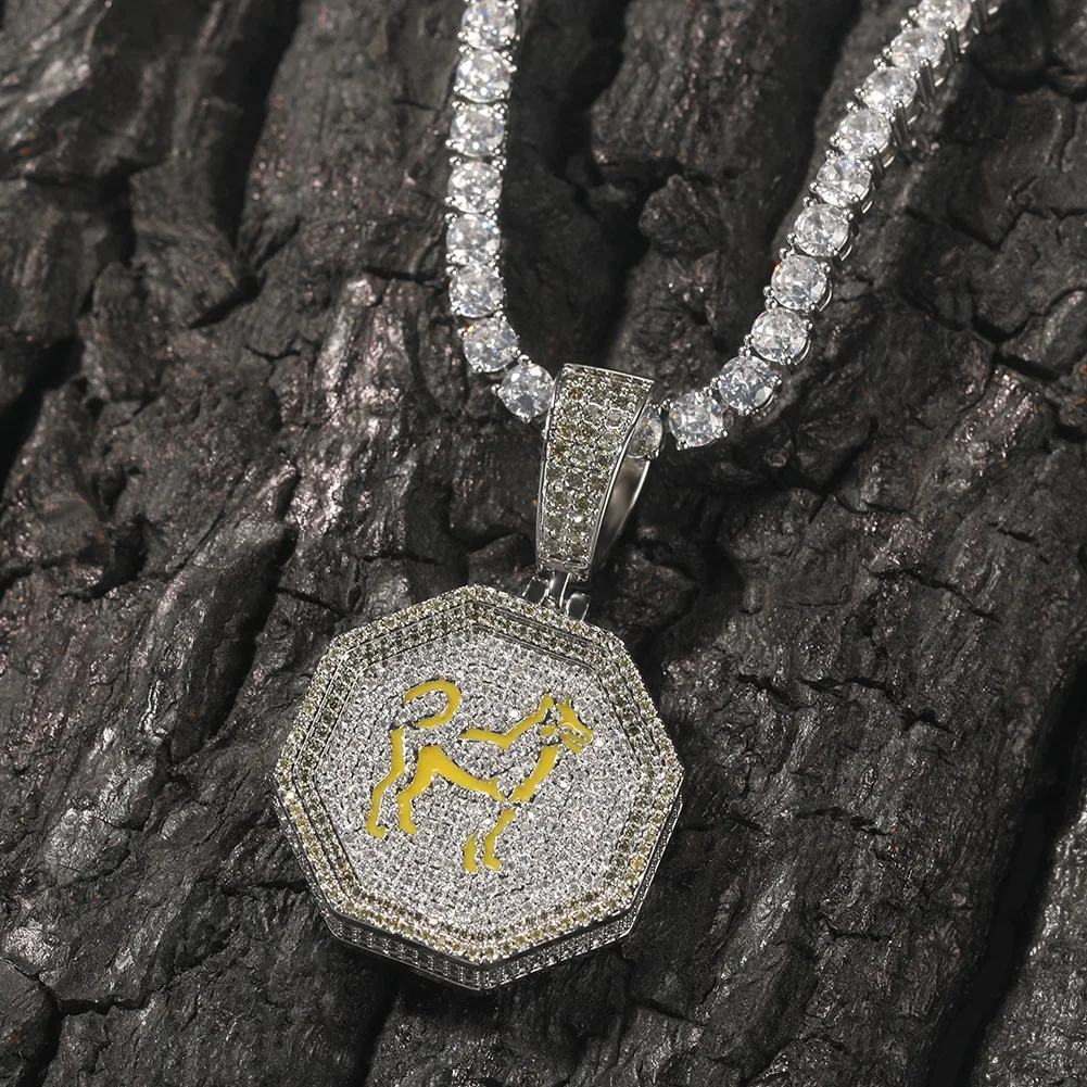 Hip Hop Bling Iced Out 12 Zodiac Cartoon Anime Pendant Zircon Full Diamond Pendant Charm Necklace