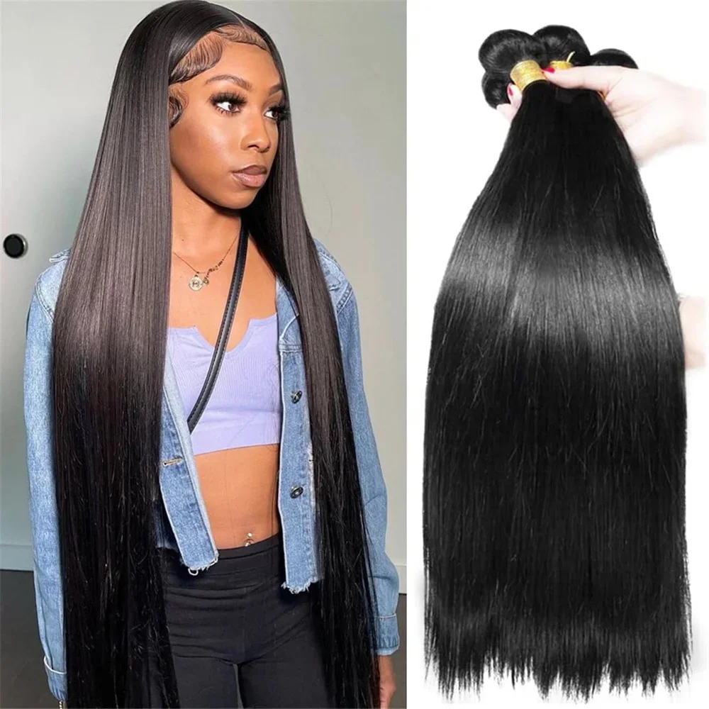Natürliche schwarze Remy-Echthaar-Extensions, glatte Bündel, 25,4–81,3 cm_voghion.com