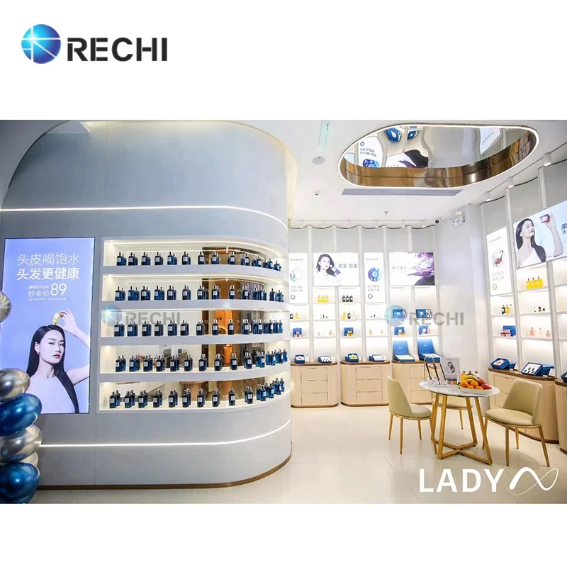 RECHI Makeup Store Interior Design Cosmetic Display Counter Table Cabinet Skincare Display Showcase Shelf for Beauty Salon