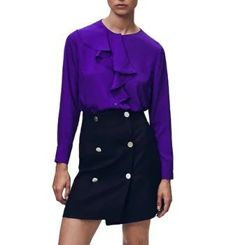 Wholesale New Fall Fashion Long Sleeve Frilled Neck Ruffle Plain Purple Blouse Tops French Design Elegant Royal Office Blouses