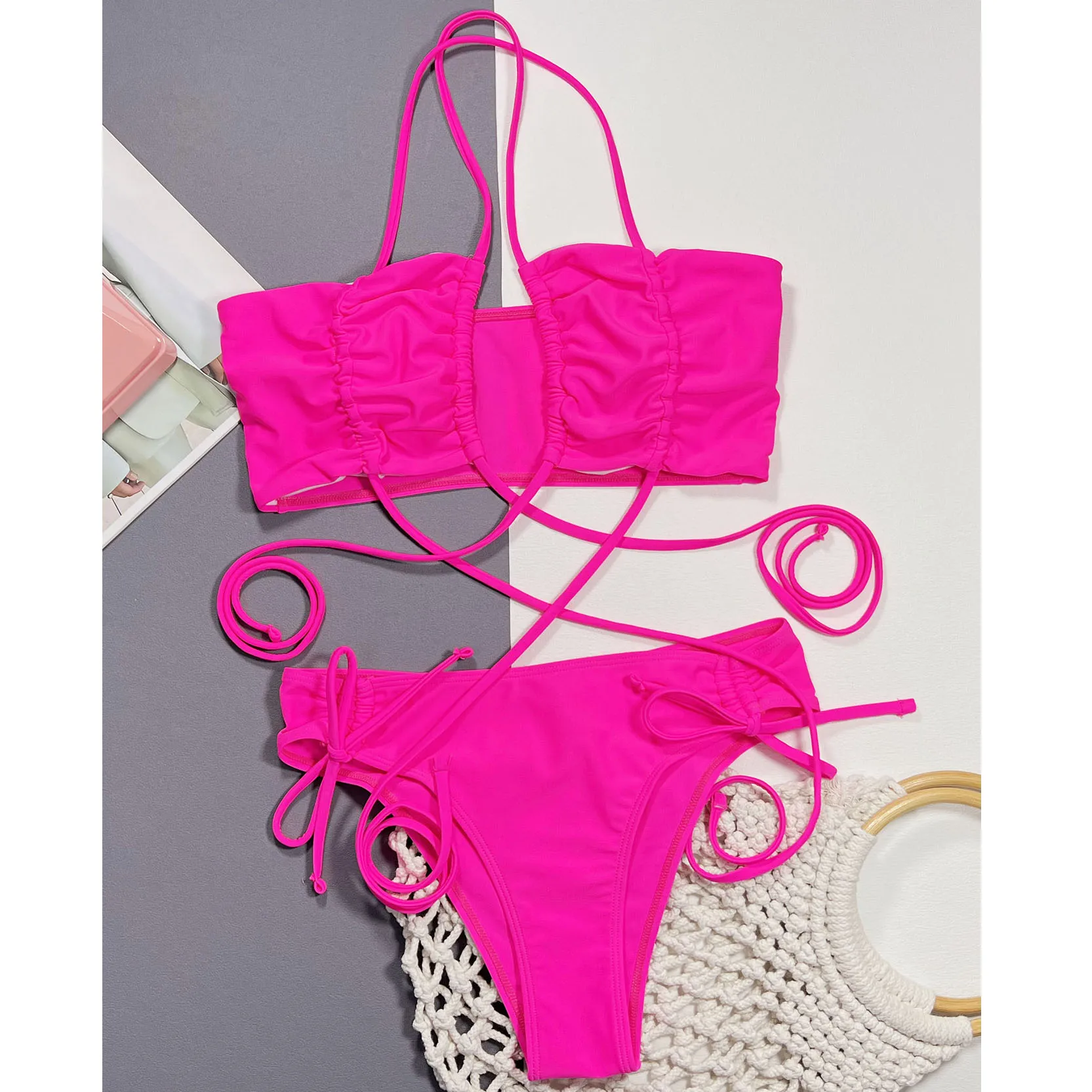 Solid Ruched Drawstring Crisscross Rose Swimwear Beachwear Sexy - Buy ...