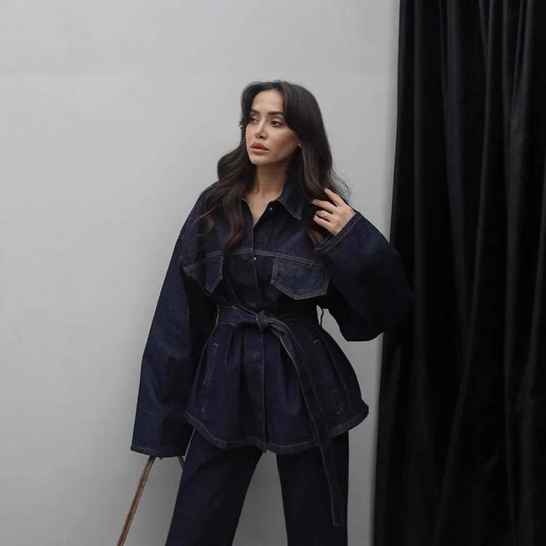 Spring-Summer Cross-Border Hot-Selling Elegant Lapel Belted Denim Solid Above Knee Long-Sleeve Long Pants Set