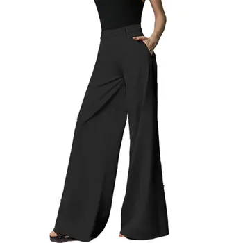 High quality customized fashion women's black Elastic High Waist Loose trousers work office Long Wide Leg Casual Pants