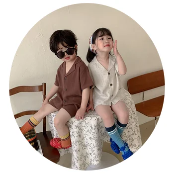 2 Pcs Unisex New Fashion Girl Short Sleeved Linen Fabric Boy Clothes Kids Sets Clothes