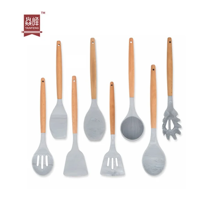 YF Hot Selling Kitchen Utensils Set with Natural Wood Handle Eco-friendly Silicone Cooking