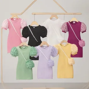 Girls' Casual Solid-Color Chiffon Dress with Puffed Sleeves Breathable Knee-Length Summer Includes Bag