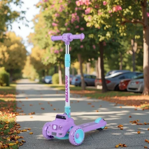 Durable Aluminium PU Wheels Pro Children's Three-Wheel Kick Pedal Scooter with Foldable Foot Brake Skateboard Style LED Lights