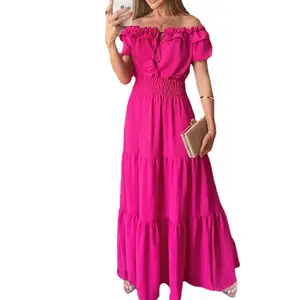 Elegant Off-Shoulder Women's Long Dress Ruffled Bubble Sleeves Casual Dress Patterns Decoration XL Size Natural Waistline Woven