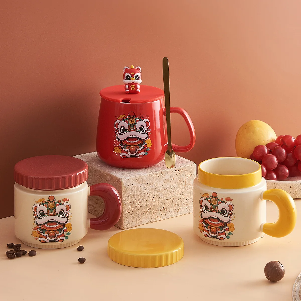 High Quality Custom Beautiful Portable Luxury Original Lion Dance Ceramic Mug Gift Box Classic Design Ceramic Cup