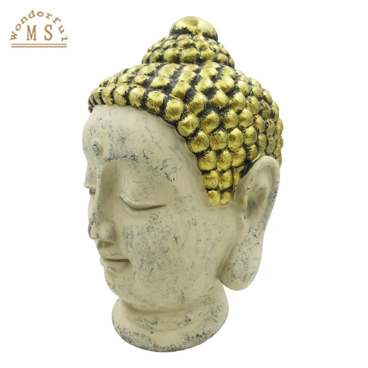 Resin Buddha Statue serene smile shows, Golden Buddha Head and Figurine Tabletop Craft, Terrazzo Color Buddha Head Idol Craft