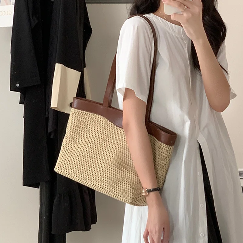 Autumn All Seasons Straw Tote Bag Women Lattice Large Woven Open-ended Polyester Cotton Lining Single-Shoulder Daily Use