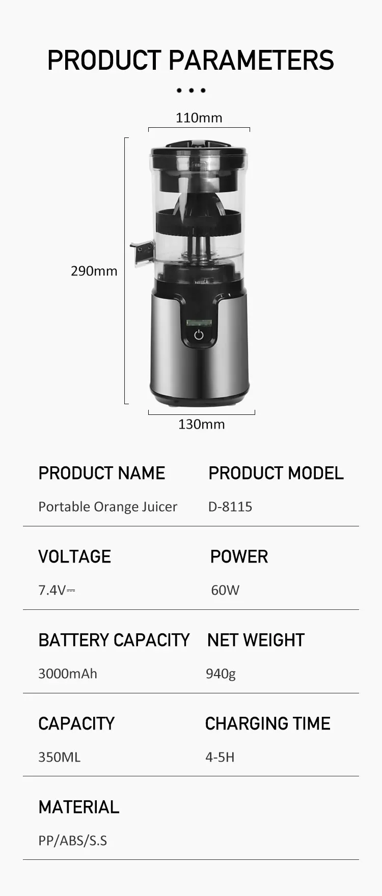 USB Rechargeable Citrus Juicer 60 w  Squeezing  Orange Lemon Grapefruit Kiwi Fruit   With Big Capacity Citrus Juicer Make Life