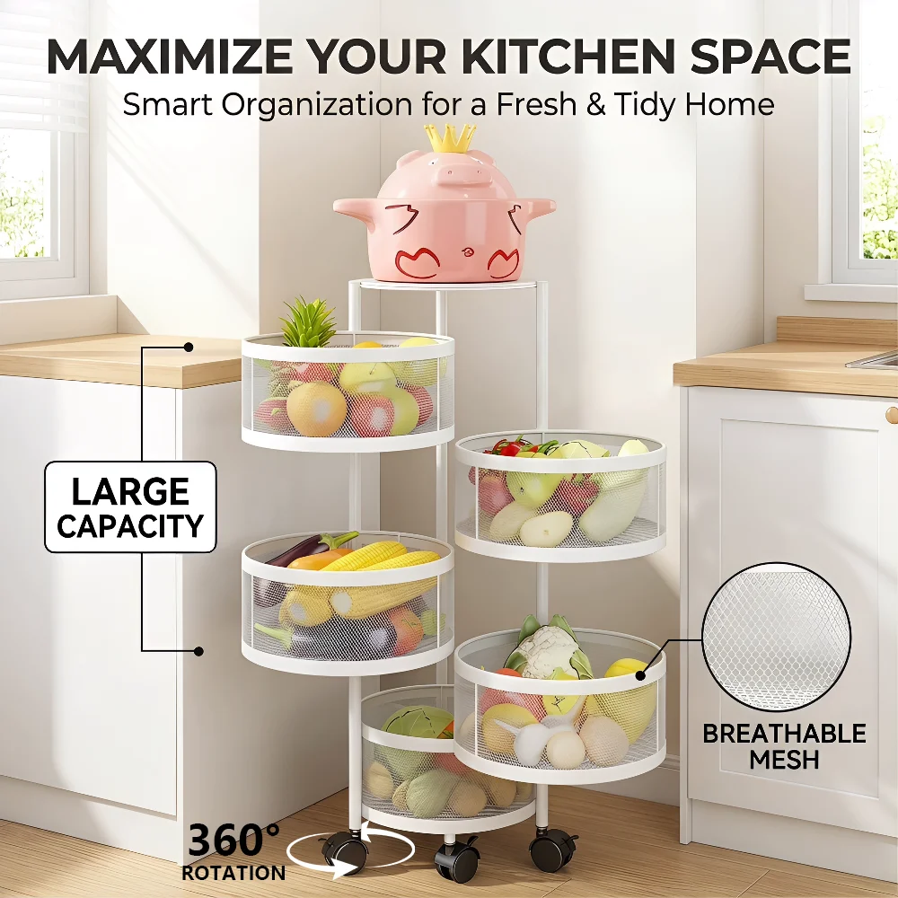 Rotating Steel 4-Tier Durable Shelf Round Trolley Vegetable Fruit Cart Multifunctional Kitchen Storage Rack